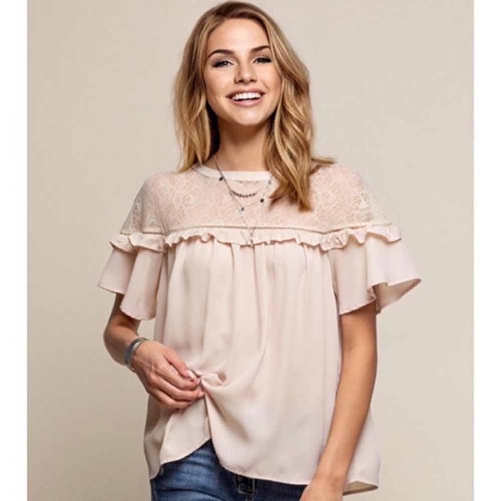 New Creamy Blush/Light Blush Womens Romantic Lace Ruffle SpringSummer Blouse
